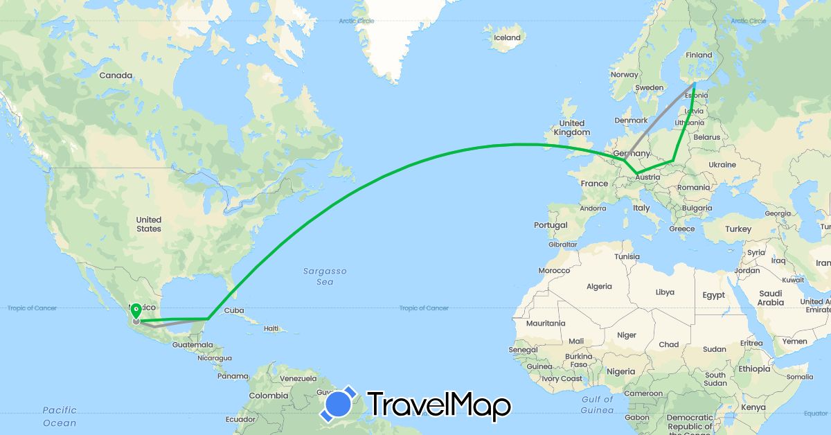 TravelMap itinerary: driving, bus, plane, boat in Germany, Estonia, Finland, Latvia, Mexico, Poland (Europe, North America)